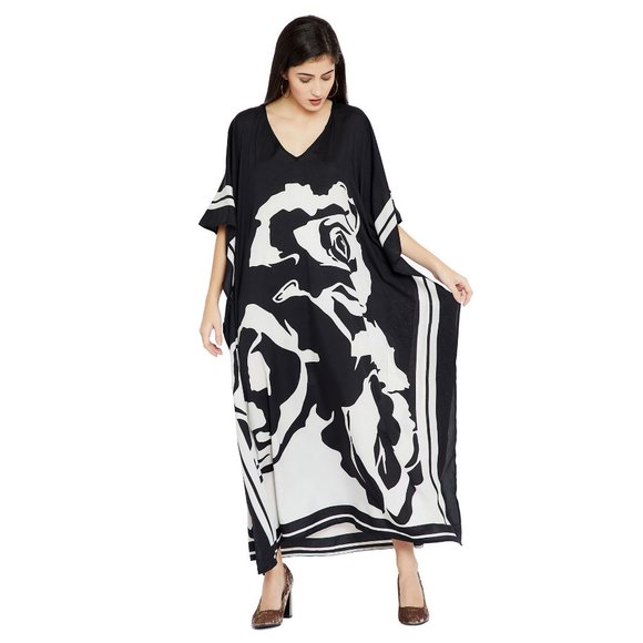 Women Floral Printed Kaftan Maxi Dress Black Moo Moos Cover Up by Gypsie Blu - Picture 3 of 9